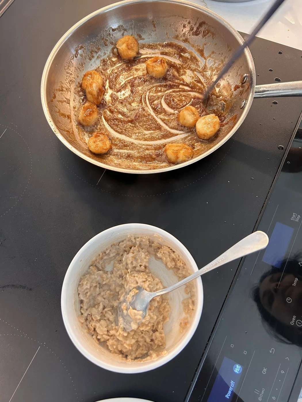 A stainless steel pan and a bowl of oats in Mili’s home kitchen